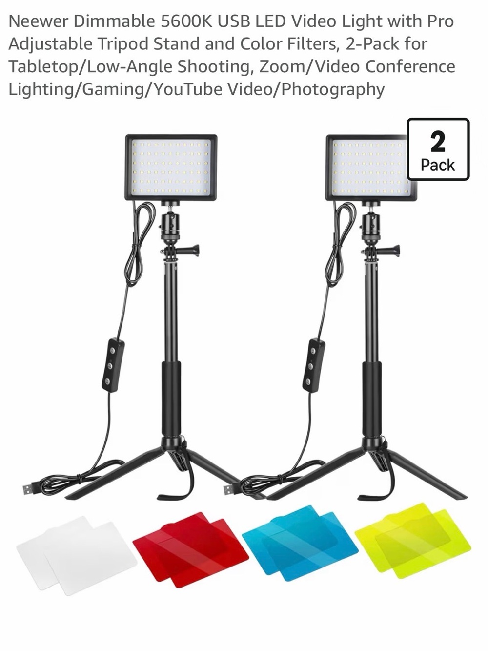 Amazon Black USB LED Video Light Pair with Tripods and Color Gels